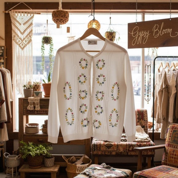 Vintage Knit Cardigan Long Sleeves Pearl Buttons & Embroidered Pastel Florals - Picture 9 of 11